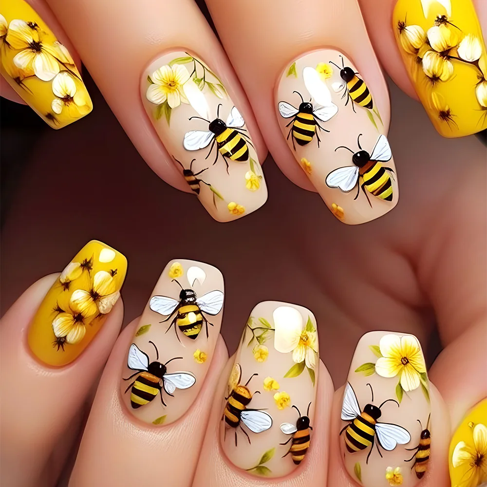 24-Piece Medium-Long Reusable ABS Press-On Nails – Floral & Butterfly Design - Image 2