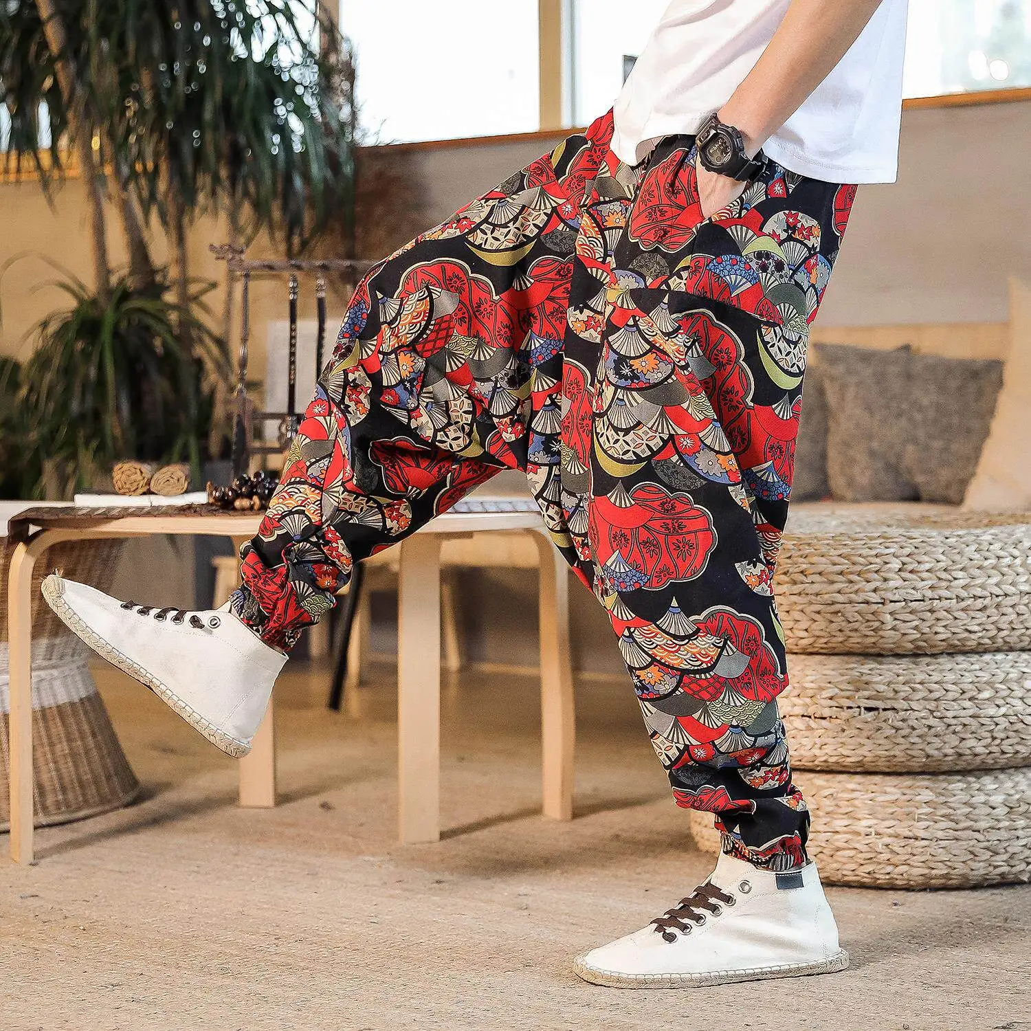 Pants Print Men New Retro Drop Crotch Joggers Men's Harem Pants Baggy Loose Nepal Style Men Casual Oversize Drop-crotch Trousers