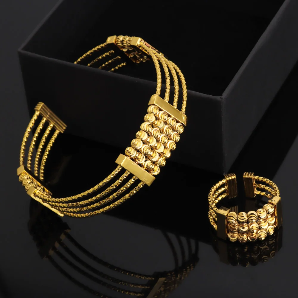Gold‑Plated Multi‑Layer Bangle & Multi‑Bead Ring Set – Adjustable Bracelet & Ring - Image 3