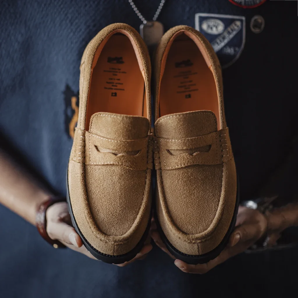 Brown Suede Penny Loafers – Cowhide Slip‑On, Serrated Rubber Sole