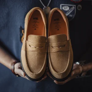 Brown Suede Penny Loafers – Cowhide Slip‑On, Serrated Rubber Sole