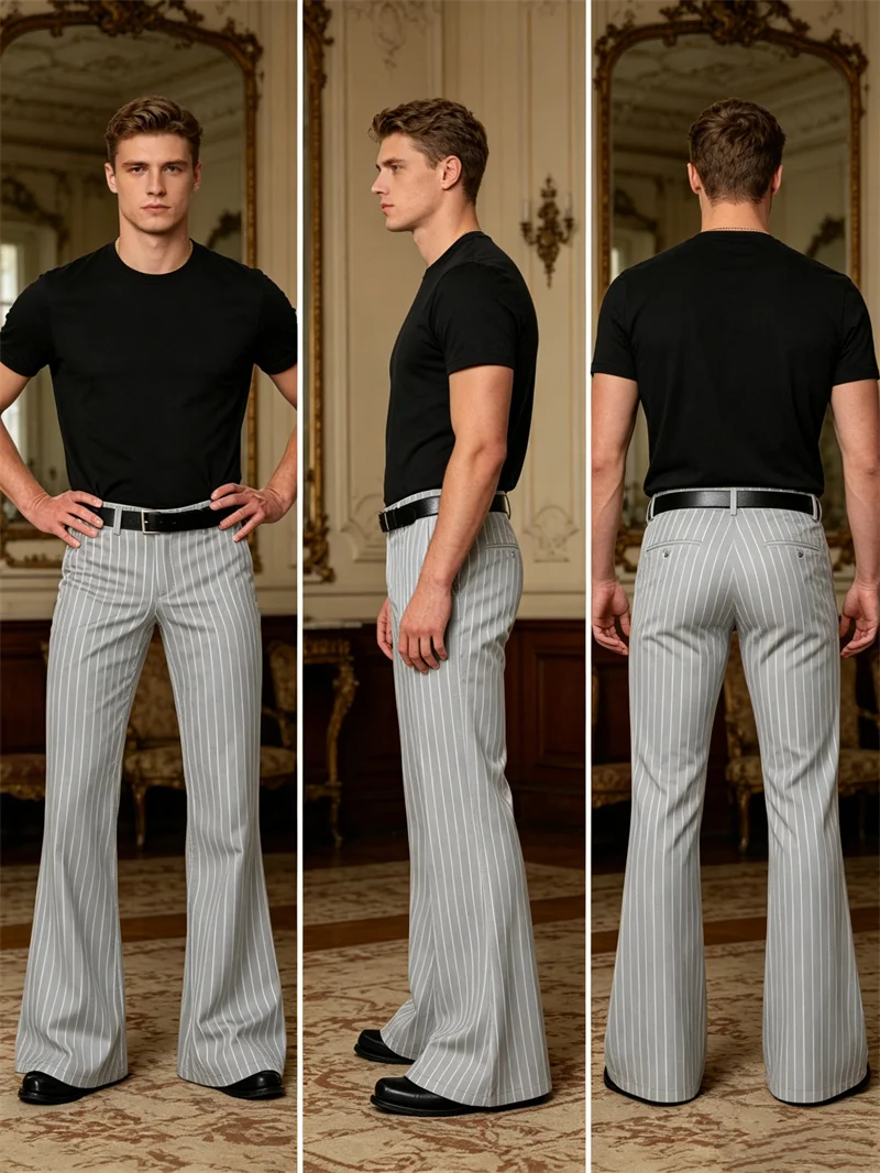 Men's Polyester Pinstripe Flared Pants - Image 4