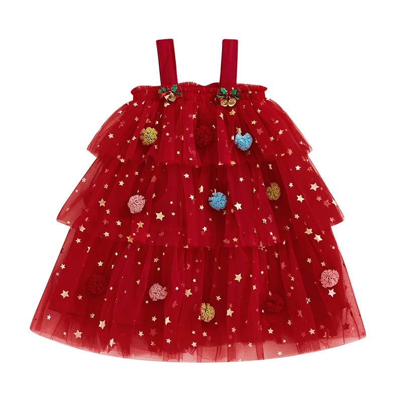 Girls Cotton Christmas Dress with Star Print and Tulle - Image 8