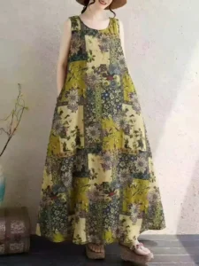 Bohemian plus Size Summer Long Dress Women's Loose Fit Sleeveless round Neck Print Dress Casual A-Line Skirt Gown