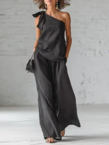 Women's 2 Piece Set 2026 Summer Sexy One Shoulder Tie Knot Top And Wide Leg Pants Suit Casual Loose Summer Beach Vacation Outfit