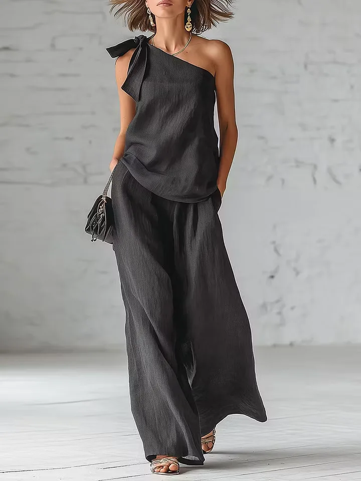 Women's 2 Piece Set 2026 Summer Sexy One Shoulder Tie Knot Top And Wide Leg Pants Suit Casual Loose Summer Beach Vacation Outfit