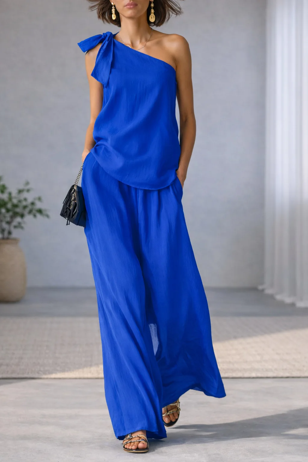 Women's 2 Piece Set 2026 Summer Sexy One Shoulder Tie Knot Top And Wide Leg Pants Suit Casual Loose Summer Beach Vacation Outfit - Image 5