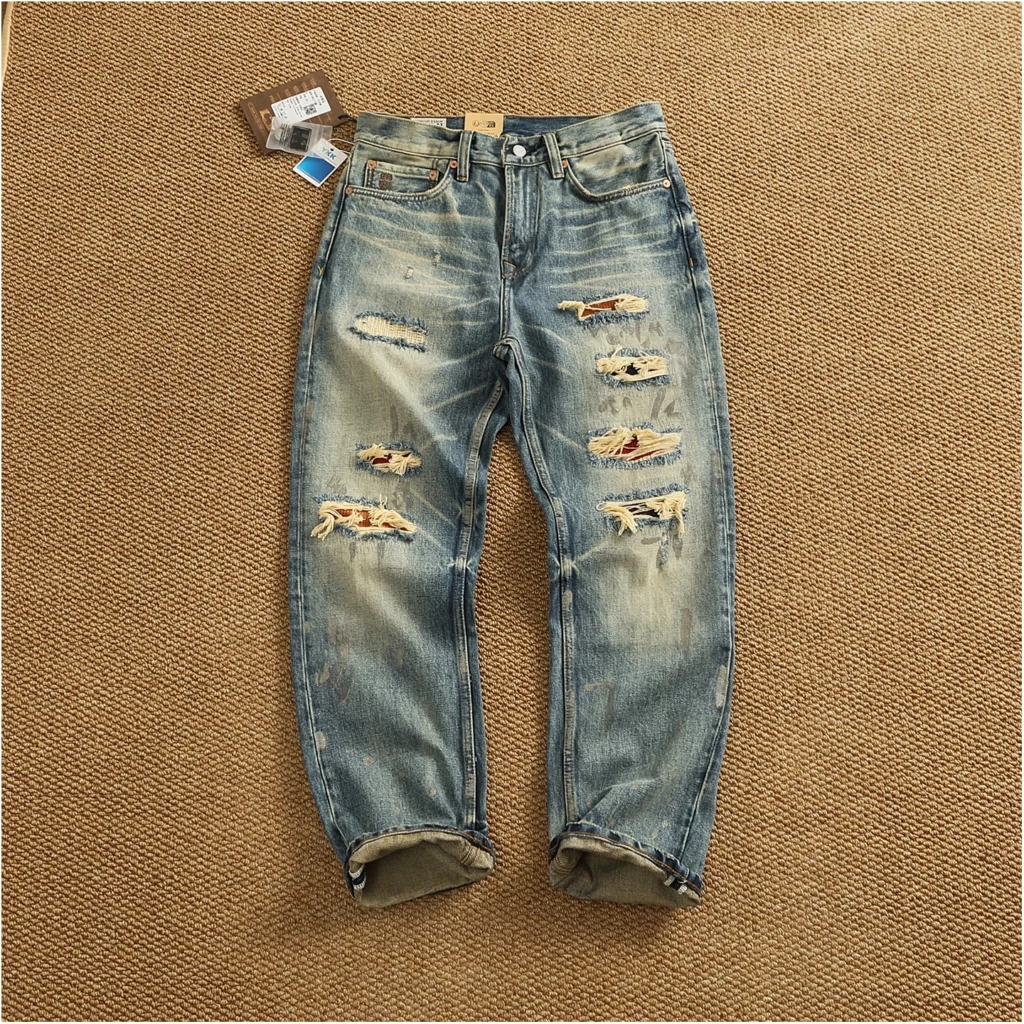 2025 Autumn New American Retro Heavyweight Ripped Denim Men's Fashion 100% Cotton Washed Old Straight Tapered Casual Jeans