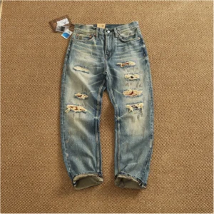 2025 Autumn New American Retro Heavyweight Ripped Denim Men's Fashion 100% Cotton Washed Old Straight Tapered Casual Jeans