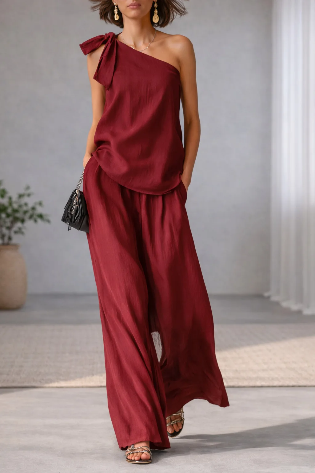 Women's 2 Piece Set 2026 Summer Sexy One Shoulder Tie Knot Top And Wide Leg Pants Suit Casual Loose Summer Beach Vacation Outfit - Image 4