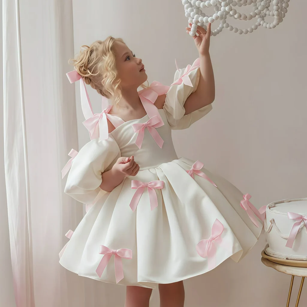RAISE 2-8Y Kids Girls Skirt Little Girls Puff-Sleeve Princess Dress Birthday Party Piano Host Performance Dress Belle Ball Gown