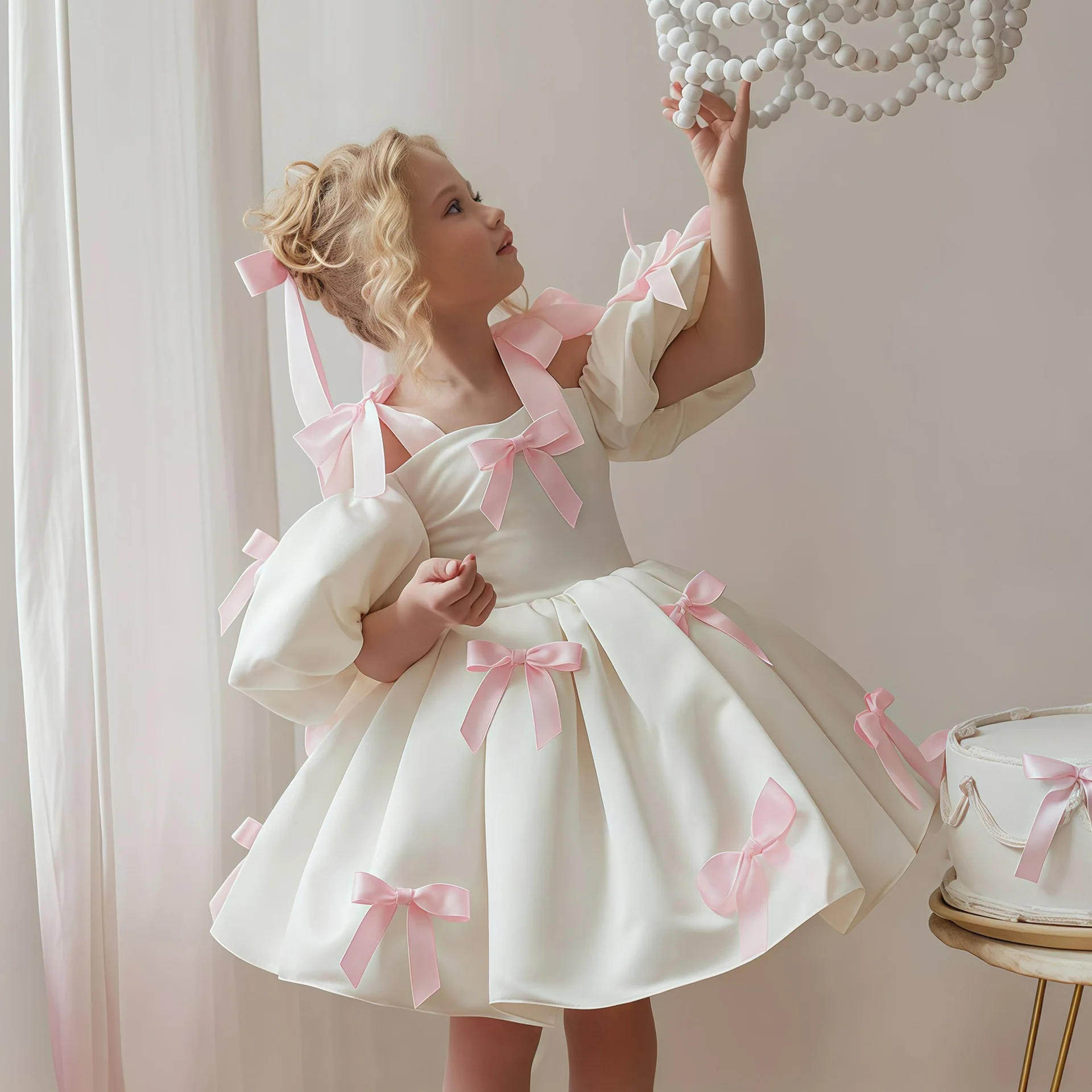 RAISE 2-8Y Kids Girls Skirt Little Girls Puff-Sleeve Princess Dress Birthday Party Piano Host Performance Dress Belle Ball Gown