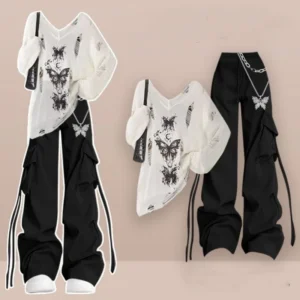 Women's Spring Summer Loose Hollow Out Butterfly T-Shirts Sling Cargo Pants Three Piece Set Lady Fashion Tops Vest Trousers Suit