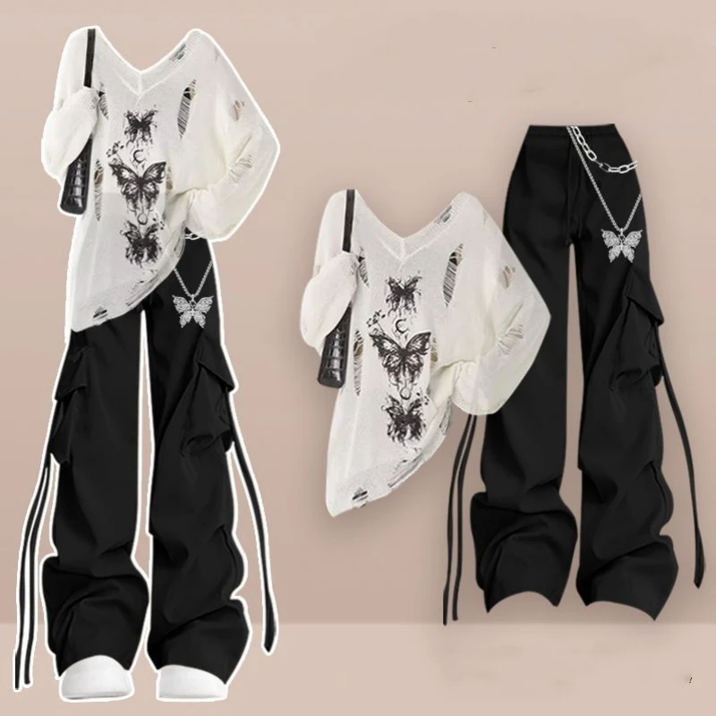 Women's Spring Summer Loose Hollow Out Butterfly T-Shirts Sling Cargo Pants Three Piece Set Lady Fashion Tops Vest Trousers Suit