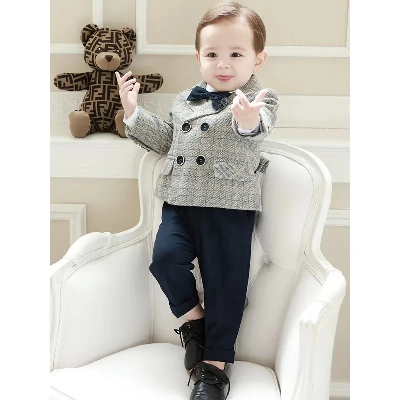 Children Formal Plaid Suit Set Boys Wedding Birthday Party Performance Photography Costume Kids Blazer Pants Bowtie Clothes - Image 6