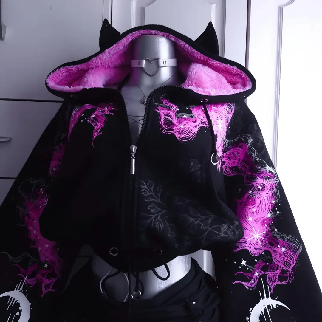 Women Gothic Star Moon Print Fleece Lined Hoodie Bat Wing Back Chain Zip Up Cropped Drawstring Y2K Punk Streetwear Sweat Jacket - Image 9