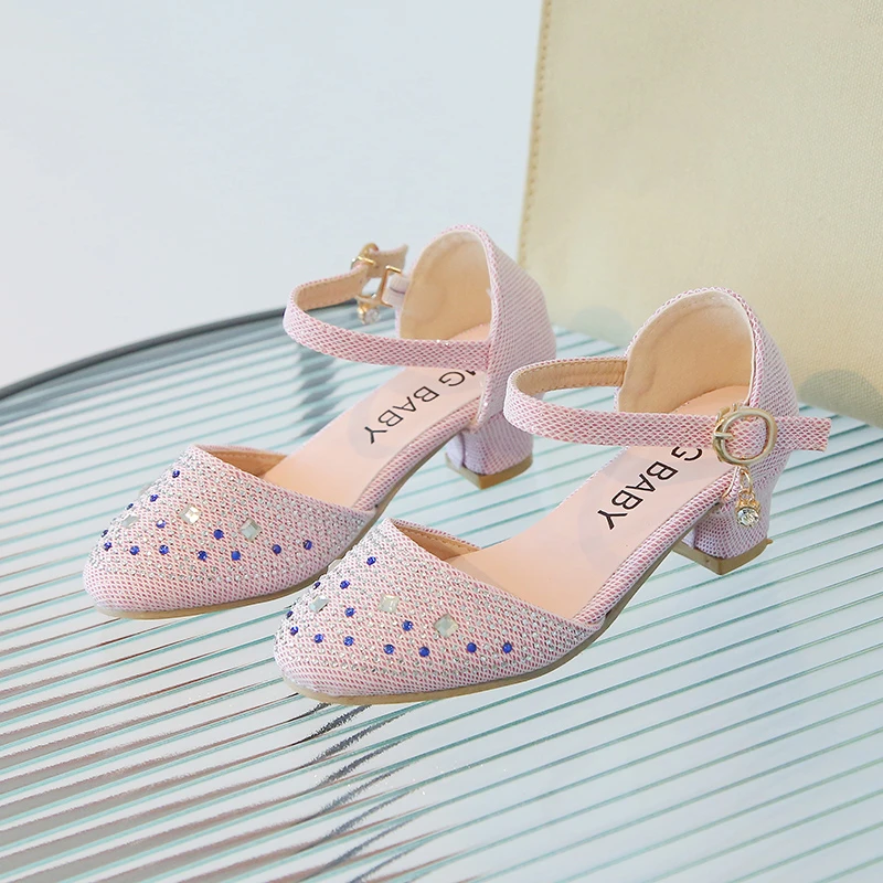 Girls Leather Shoes Pink New with Heel Rhinestone Girls Princess Single Shoes 4-12 Years Old Fashion Non-slip Children's Sandals - Image 4