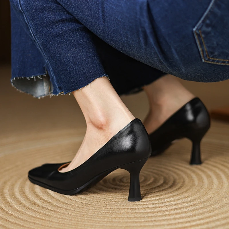 Women's Genuine Leather Square-Toe Pumps – 7 cm Heel, Pleated Detail - Image 6