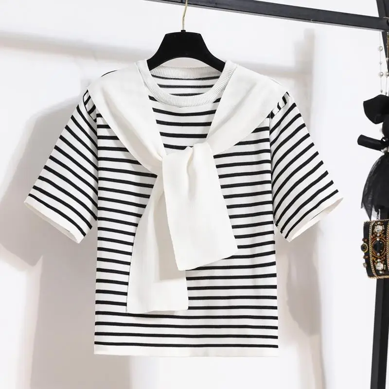 Women Casual Stripe Shawl T Shirt Skirts Two Piece Set 2025 Summer Student Fashion Tops Denim A-Line Skirt Outfits Lady Clothes - Image 3