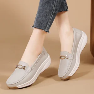 Genuine Leather Women's Slip-On Loafers – Chunky Waterproof Rubber Sole