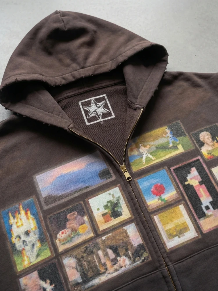 Y2K Retro Gallery Cotton Hoodie with Pixel Art Pattern - Image 2