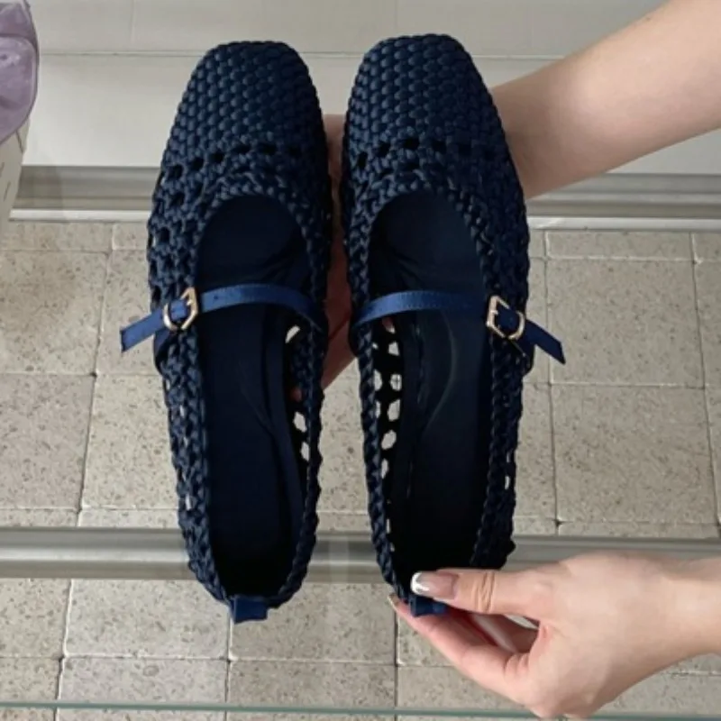 Hollow-Woven Square Toe Mary Jane Flats with Buckle, Waterproof PU - Image 2