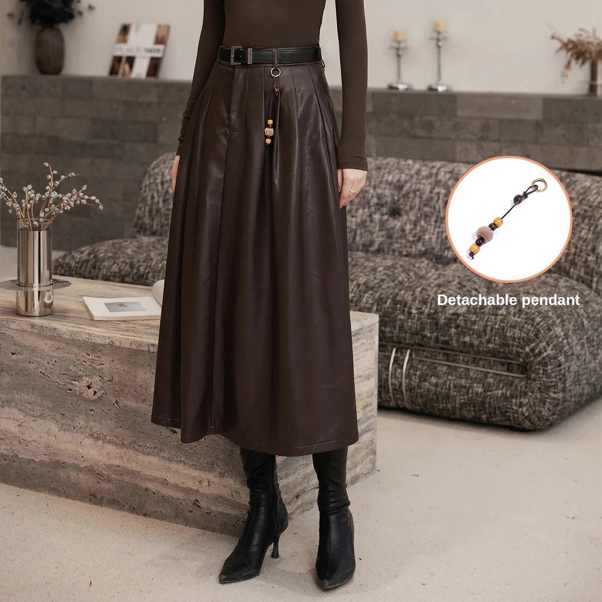 LOUIS YAO Retro Faux Leather Midi Skirt 2026 Autumn & Winter Vintage Style Faux Leather Mid-Length Skirt for Women - Image 8