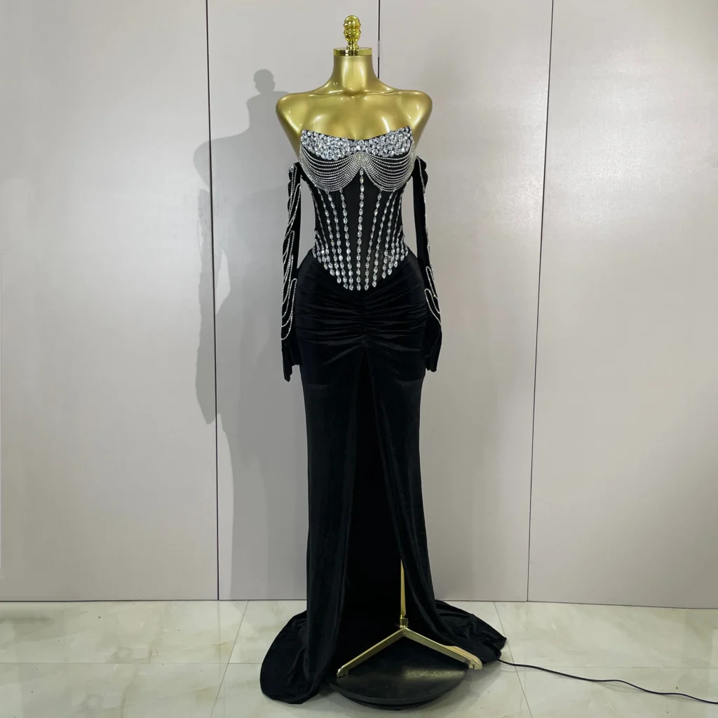 Women's Rhinestone Velvet Split Gown with Gloves