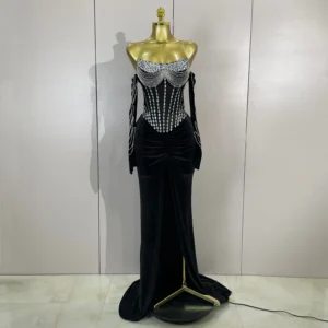 Luxury Sparkly Rhinestones Mesh Sexy Split Velvet Long Dress With Gloves Birthday Celebrate Wedding Gown Stage Photo Shoot Wear