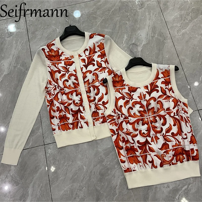 Seifrmann 2026 Summer Women's New Fashion Round Neck Long Sleeve Silk Splicing Wool Printed Cardigan+Tank Top Two Piece Set - Image 6