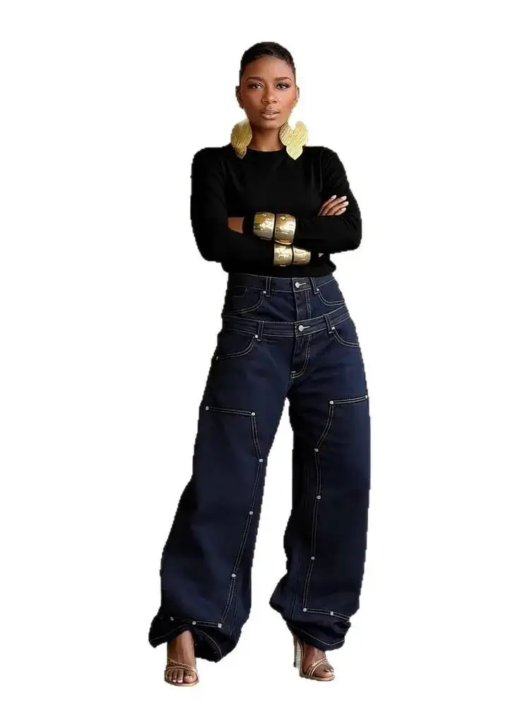 SHENGPALAE European And American Style Loose Double Waisted Collision Nail Splicing High Waisted Jeans For Women 2026 Spring New - Image 6