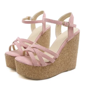 Flock-Upper Wedge Sandals with 11 cm Platform Heel, Open Toe