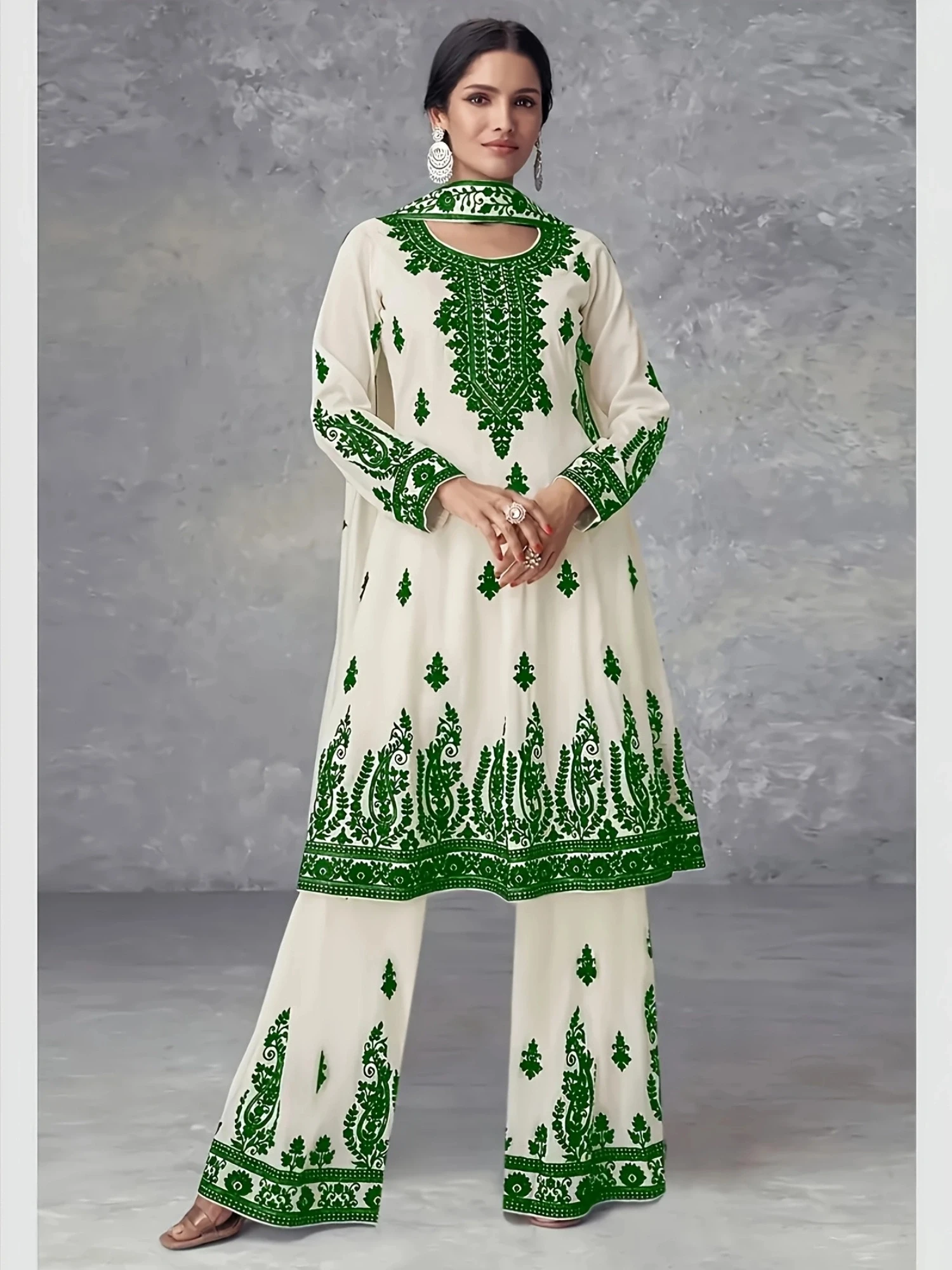 Plus Size Women's Off-White and Black Printed Three-Piece Set Ethnic Style Crew Neck Long Top Wide-Leg Pants and Headscarf Set - Image 6
