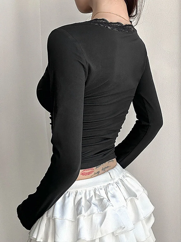 Women's Lace Patchwork V-Neck Long Sleeve Tee - view 4