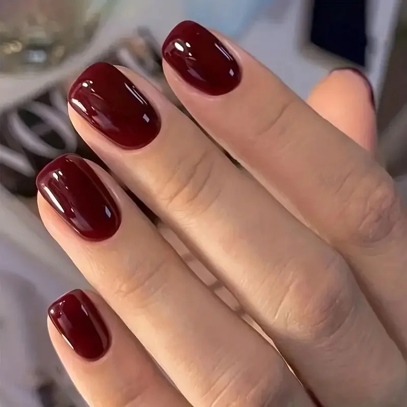 24pcs Wine Red Short Square Press‑On Nail Tips – Full Cover, Reusable