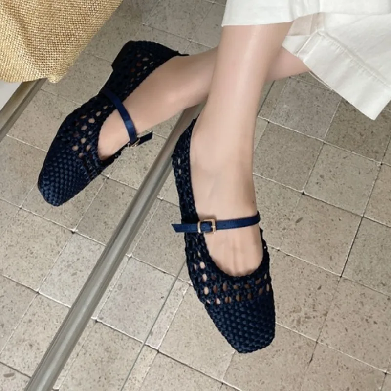Hollow-Woven Square Toe Mary Jane Flats with Buckle, Waterproof PU - Image 3