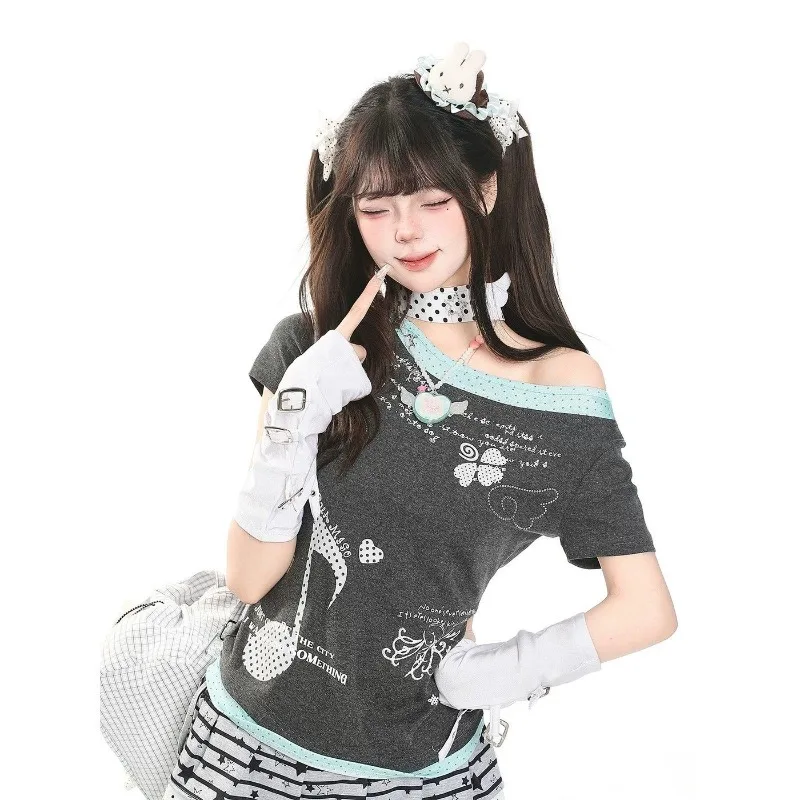 Kimutomo Women T Shirts Polka Dot Printed Short Sleeve Slim Grunge Gothic Y2k Aesthetic Harajuku Tops Ladies Fashion Casual Tee - Image 2