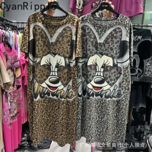 American Leopard Spring Summer Loose Short Sleeve A-line Dress Cute Bow Hot Diamonds Mickey Printed Mid-long Casual T-shirt Tops