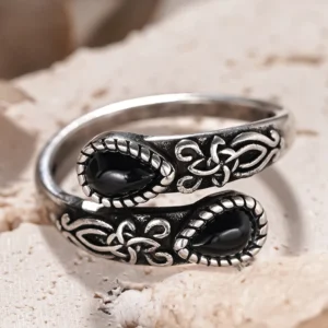 Huitan Silver Ring with Waterdrop Black Stone – Adjustable Brass