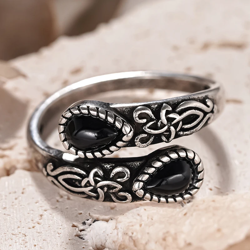 Huitan Silver Ring with Waterdrop Black Stone – Adjustable Brass