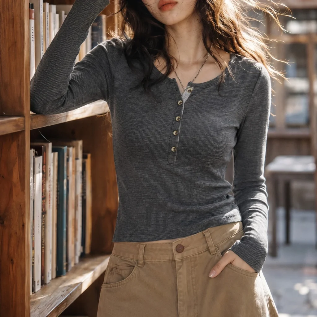 Women's Henley Knit Long Sleeve Top