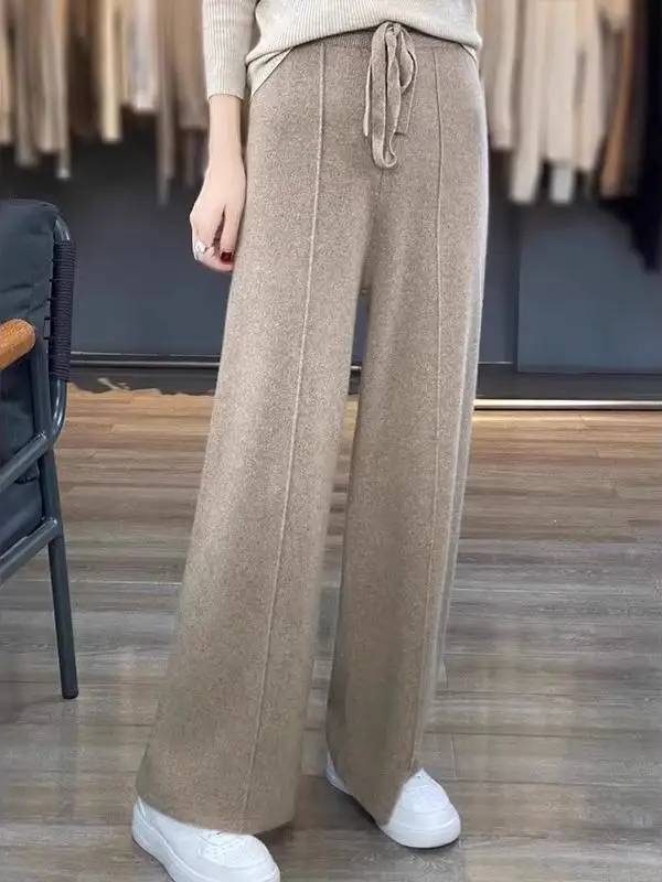 Thiened Wool Knitted Wide Leg Pants Women High Waist Draped Slim Version Floor-Length Outerwear Straight Leg Trousers - Image 2