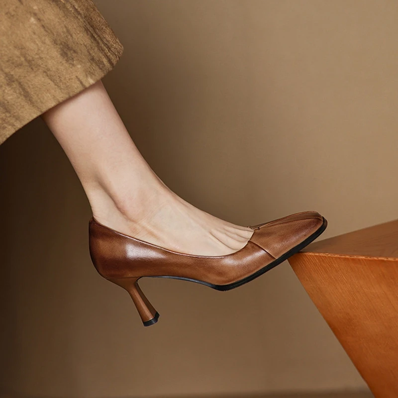 Women's Genuine Leather Square-Toe Pumps – 7 cm Heel, Pleated Detail - Image 3