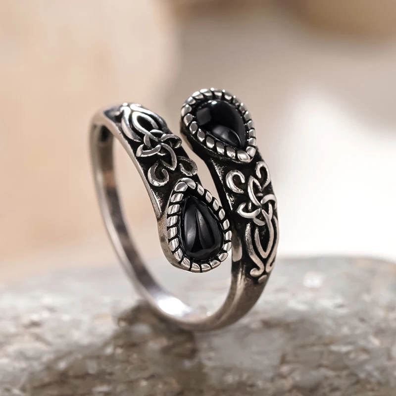Huitan Silver Ring with Waterdrop Black Stone – Adjustable Brass - Image 5