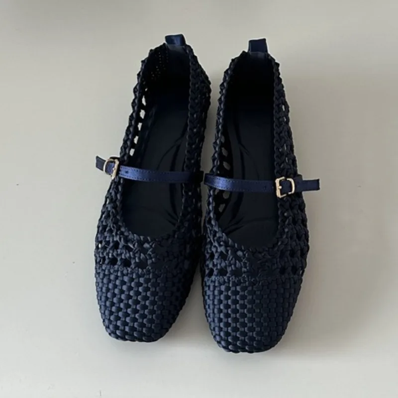 Hollow-Woven Square Toe Mary Jane Flats with Buckle, Waterproof PU - Image 4