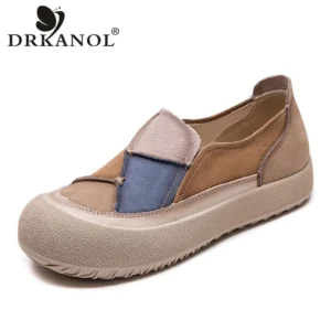 Slip-On Loafers with Mixed-Color Patch, Genuine Cow Leather, Platform Sole
