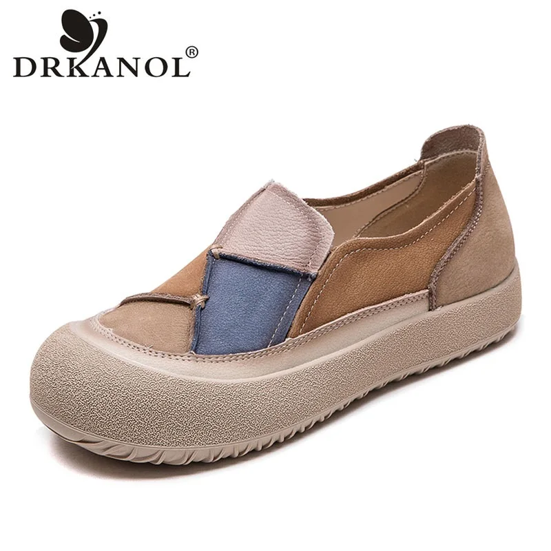 Slip-On Loafers with Mixed-Color Patch, Genuine Cow Leather, Platform Sole