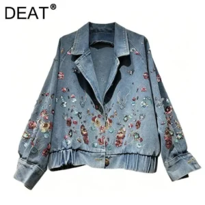 Women's Sequin Flower Denim Blazer Jacket