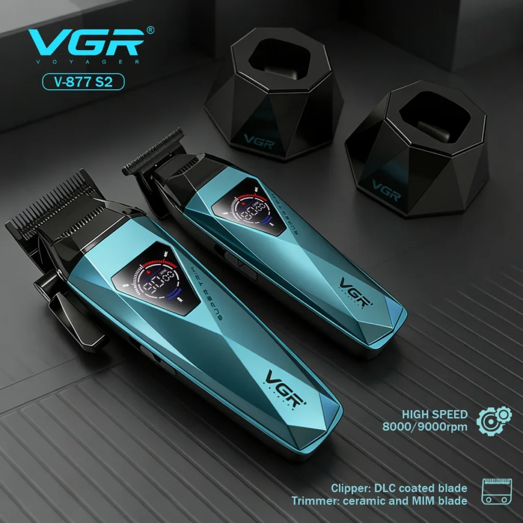 VGR V-877 S2 Cordless Hair Clippers – 9000 RPM Motor, DLC Coated Blades