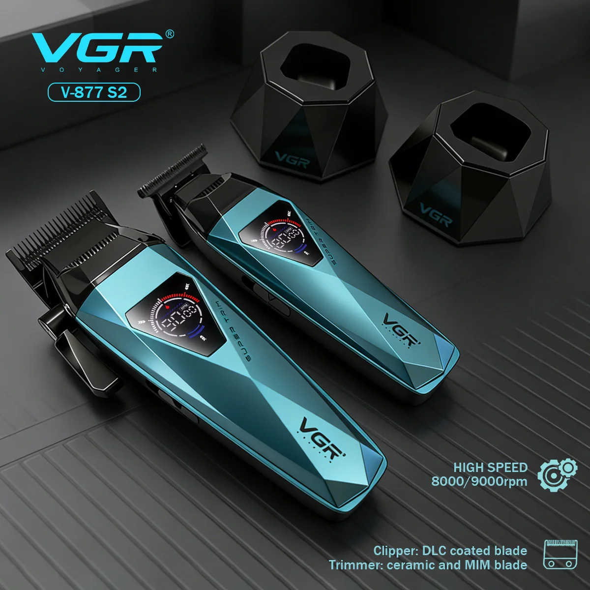VGR V-877 S2 Cordless Hair Clippers – 9000 RPM Motor, DLC Coated Blades